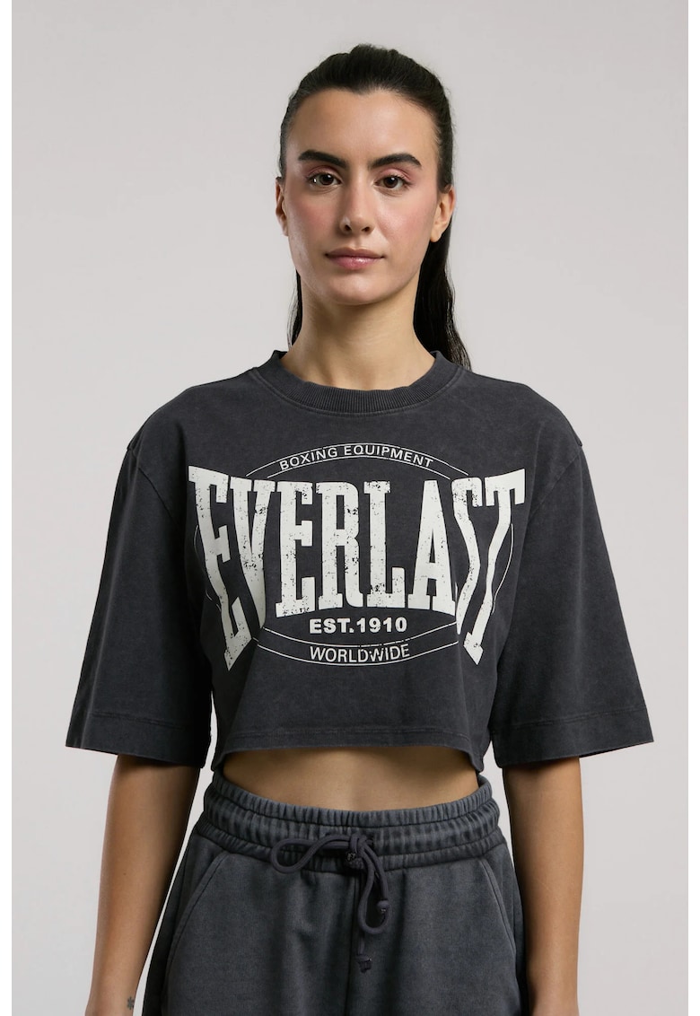 Tricou oversized si scurt de dama - imprimeu cu logo - Gri