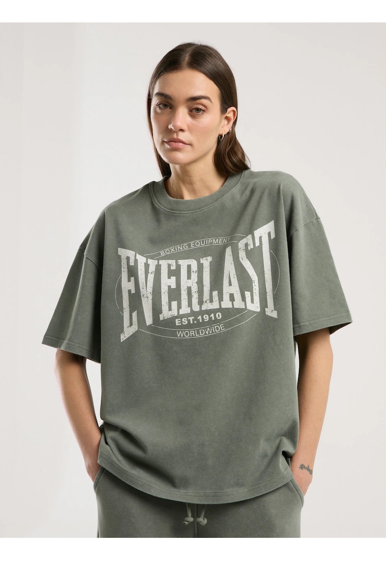 Tricou overisized de dama si imprimeu cu logo - Kaki