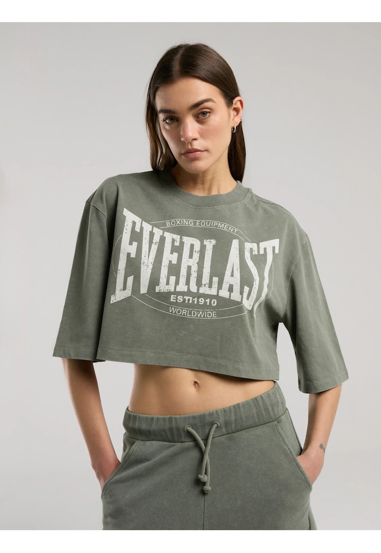 Tricou oversized si scurt de dama - imprimeu cu logo - Kaki