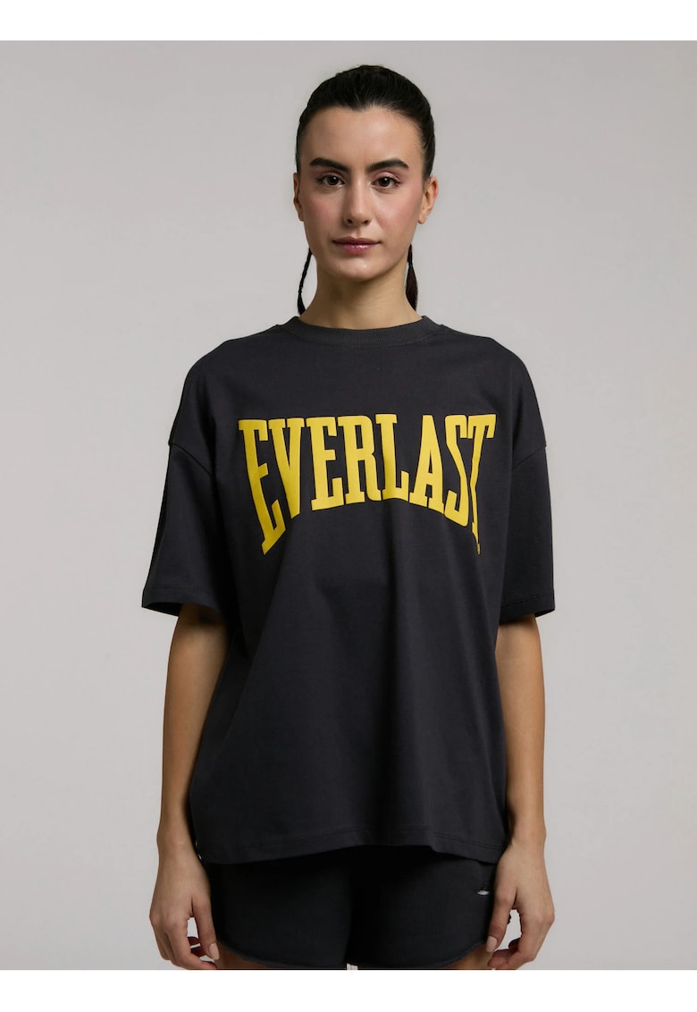 Tricou oversized de dama si imprimeu cu logo - Gri inchis