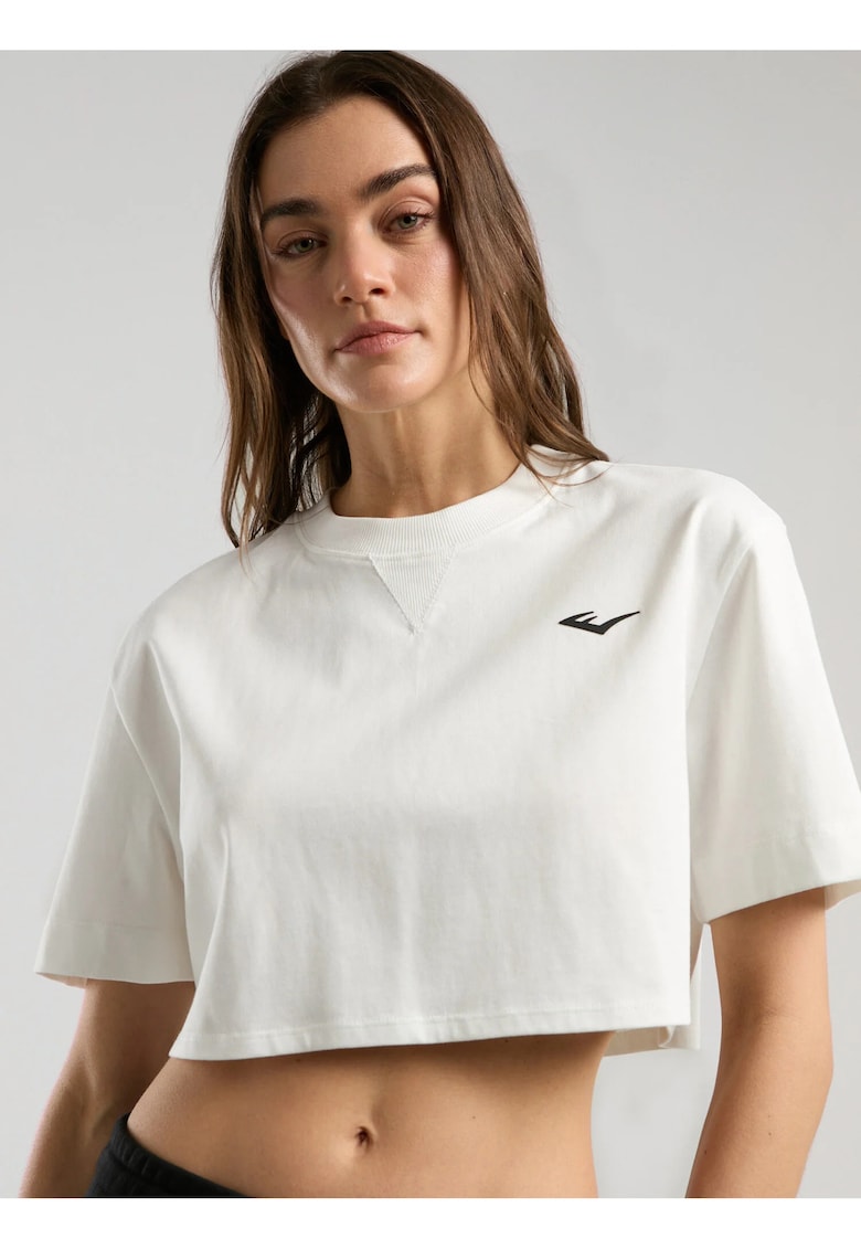 Tricou oversized scurt de dama si imprimeu cu logo pe spate - Alb - Alb