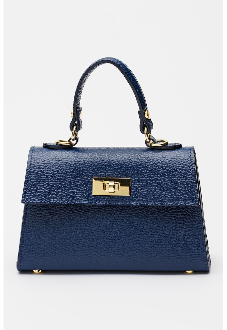 Geanta crossbody din piele cu clapa si bareta detasabila - Bleumarin