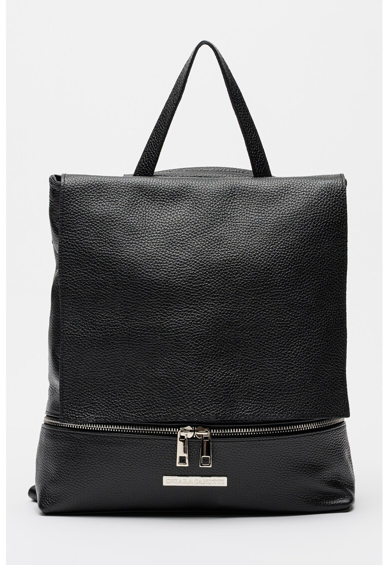 Rucsac din piele cu clapa - Negru stins