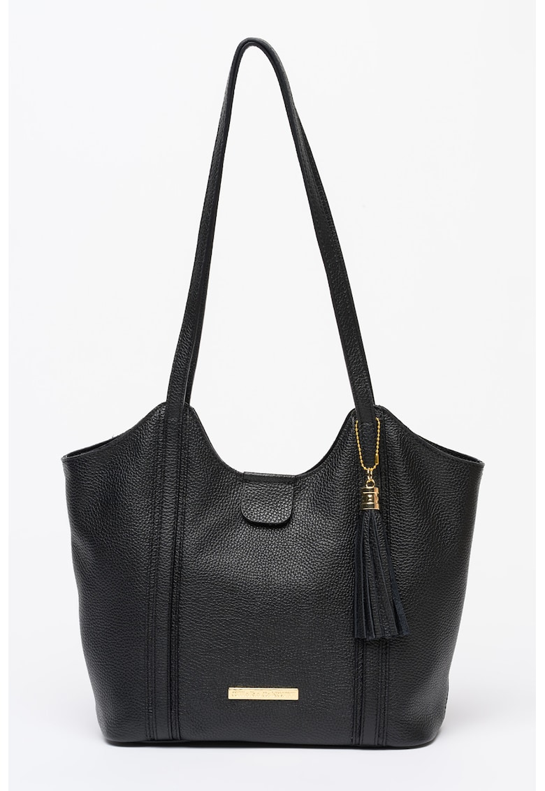 Geanta shopper din piele granulata cu accesoriu - Negru