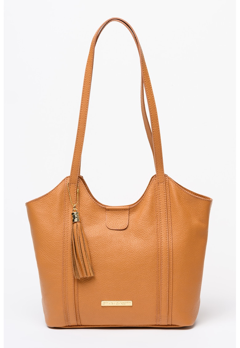Geanta shopper din piele granulata cu accesoriu - Caramel