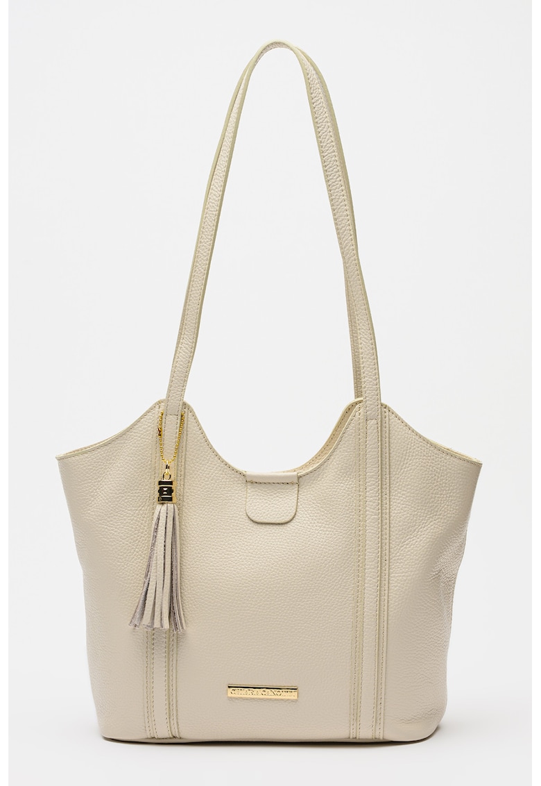 Geanta shopper din piele granulata cu accesoriu - Bej deschis