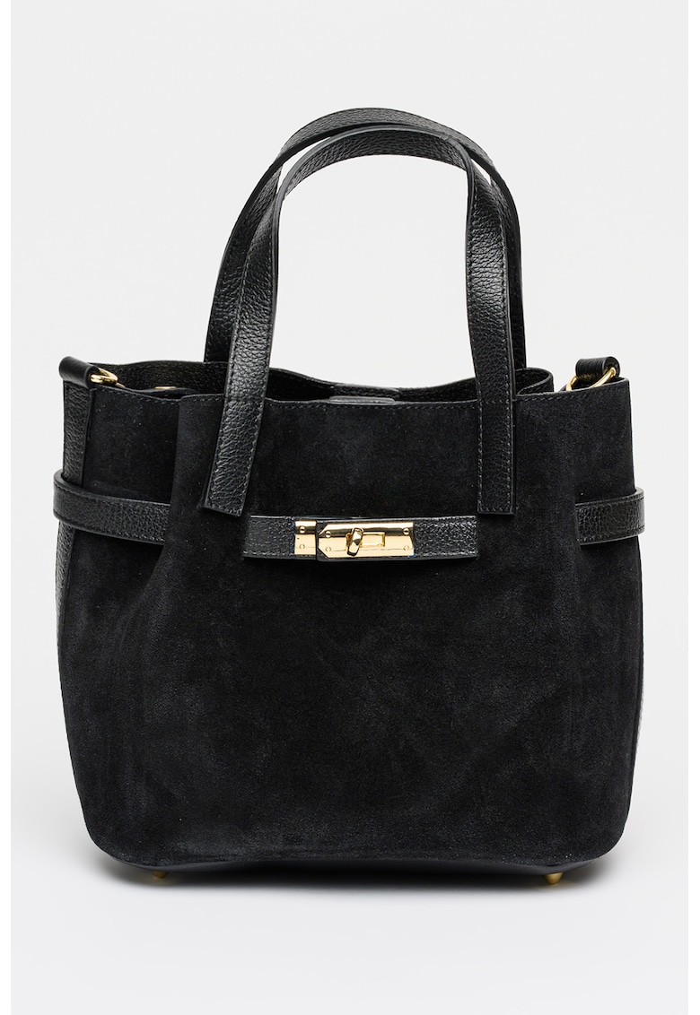 Geanta tote din piele intoarsa cu accesoriu detasabil - Negru