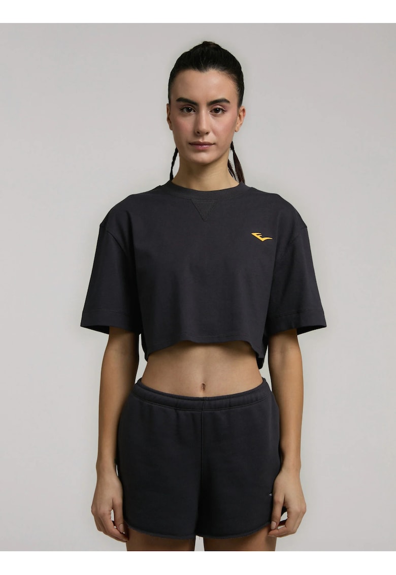 Tricou oversized scurt de dama si imprimeu cu logo pe spate - Gri inchis
