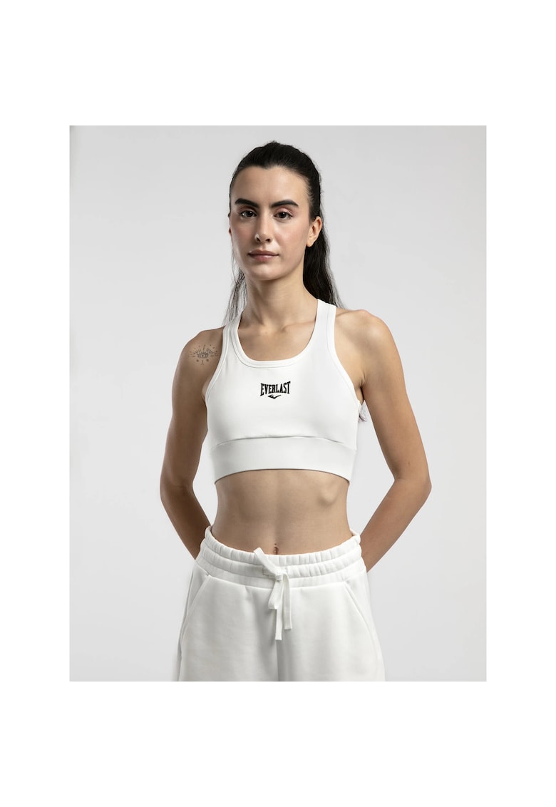 Bustiera sport fixa - din amestec de bumbac - banda elastica si imprimeu cu logo - Alb