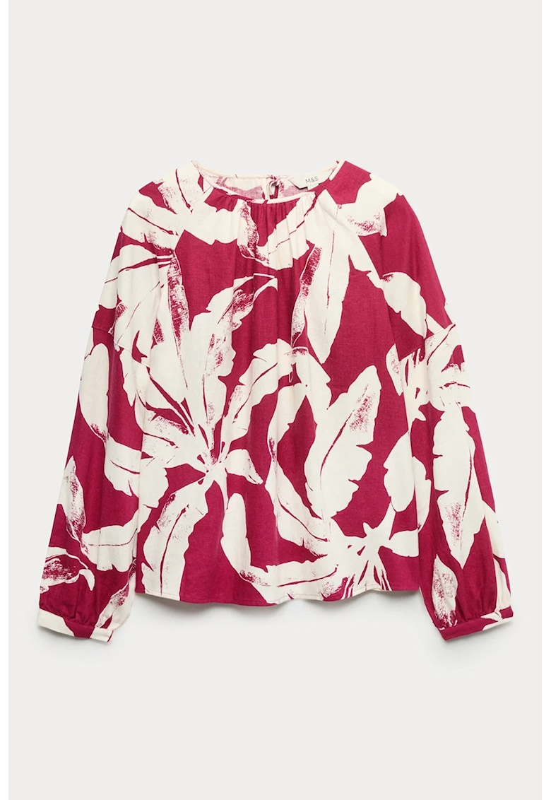Bluza din amestec de in cu model floral - Alb/Roz