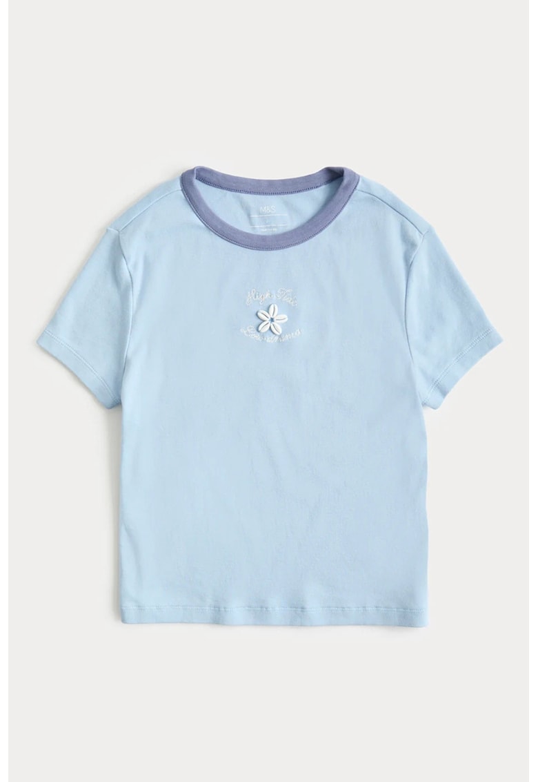 Tricou din bumbac cu aplicatie pe piept - Albastru deschis