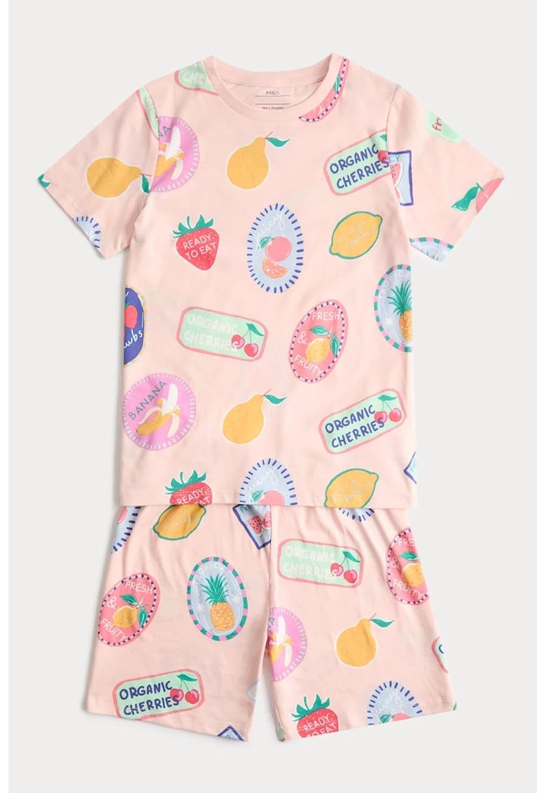 Pijama cu imprimeu si maneci scurte - Roz