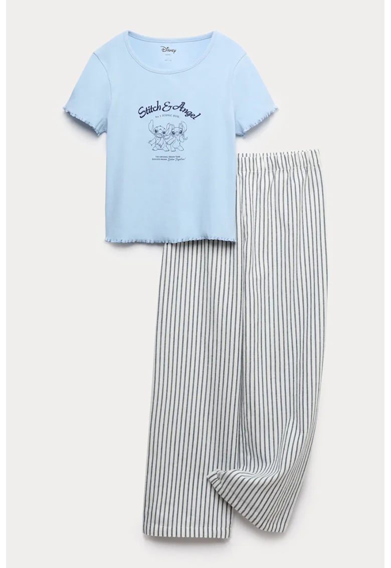 Pijama din bumbac cu pantaloni cu model in dungi - Albastru deschis/Gri inchis