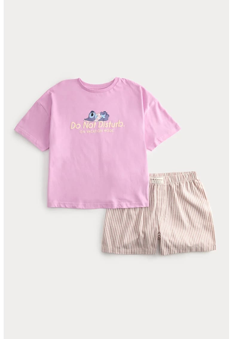 Pijama cu imprimeu si maneci scurte - Bej/Roz