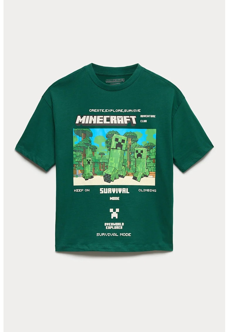 Tricou cu decolteu la baza gatului si imprimeu grafic - Verde inchis