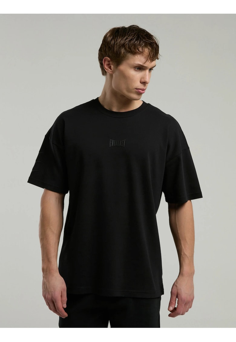 Tricou din amestec de bumbac cu decolteu la baza gatului si imprimeu cu logo - Negru
