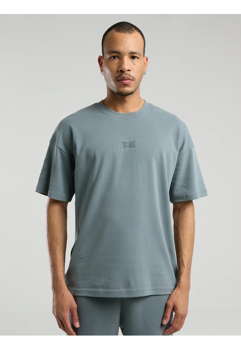 Tricou din amestec de bumbac cu decolteu la baza gatului si imprimeu cu logo - Gri - Gri