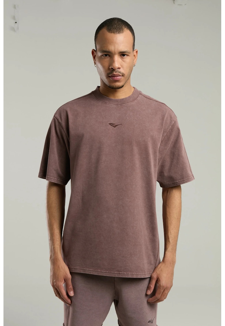Tricou din amestec de bumbac cu decolteu la baza gatului si imprimeu cu logo - Maro - Maro