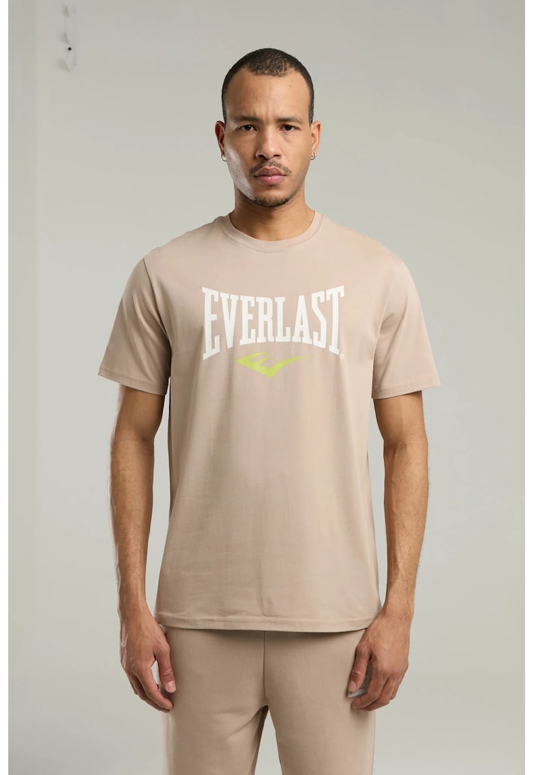 Tricou din amestec de bumbac cu decolteu la baza gatului si imprimeu cu logo - Bej