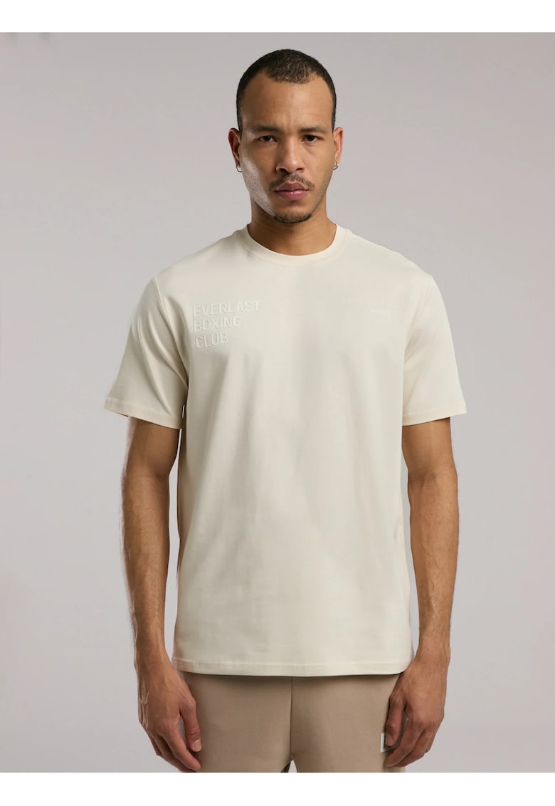 Tricou din amestec de bumbac cu decolteu la baza gatului si imprimeu cu logo - Bej - Bej
