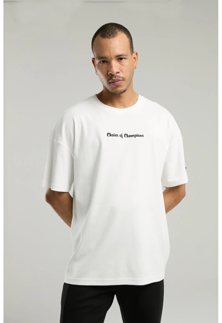Tricou din amestec de bumbac cu decolteu la baza gatului si imprimeu cu logo - Alb - Alb