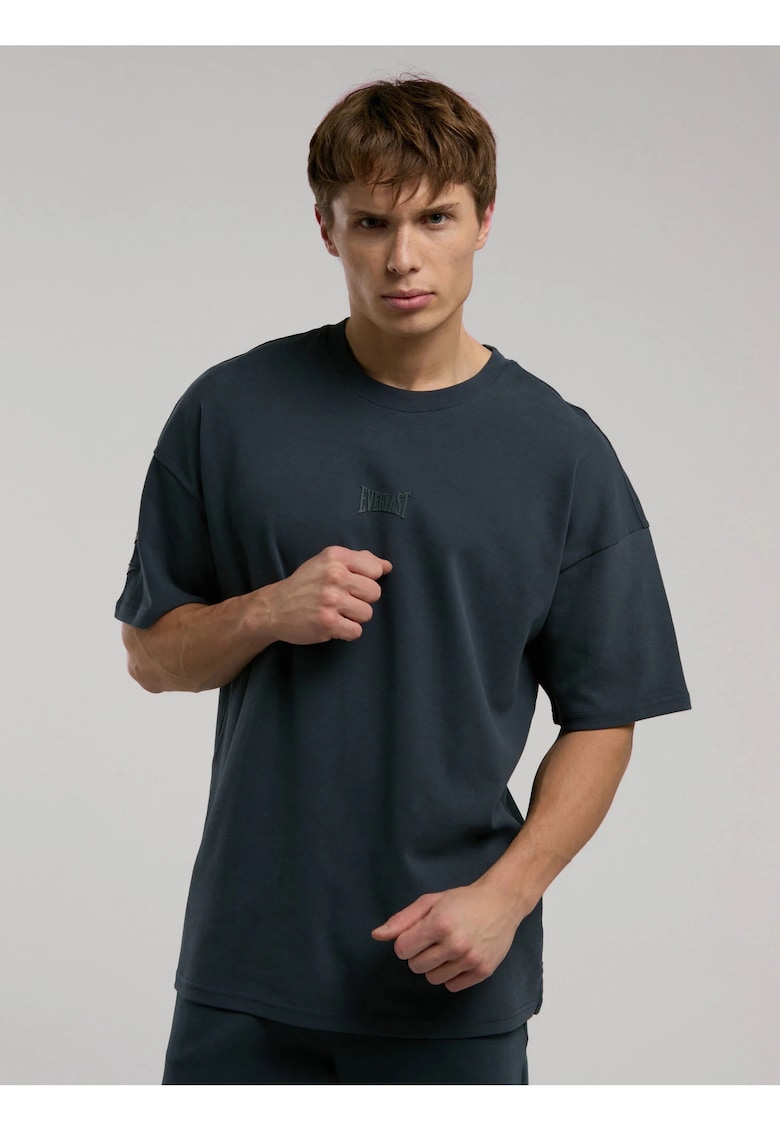 Tricou din amestec de bumbac cu decolteu la baza gatului si maneci cazute - Gri inchis - Gri inchis