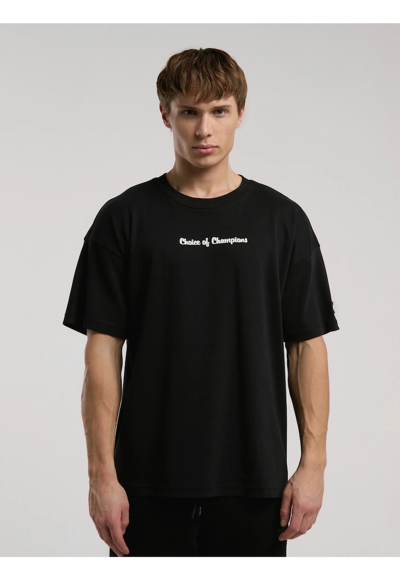 Tricou din amestec de bumbac cu decolteu la baza gatului si imprimeu cu logo - Negru - Negru