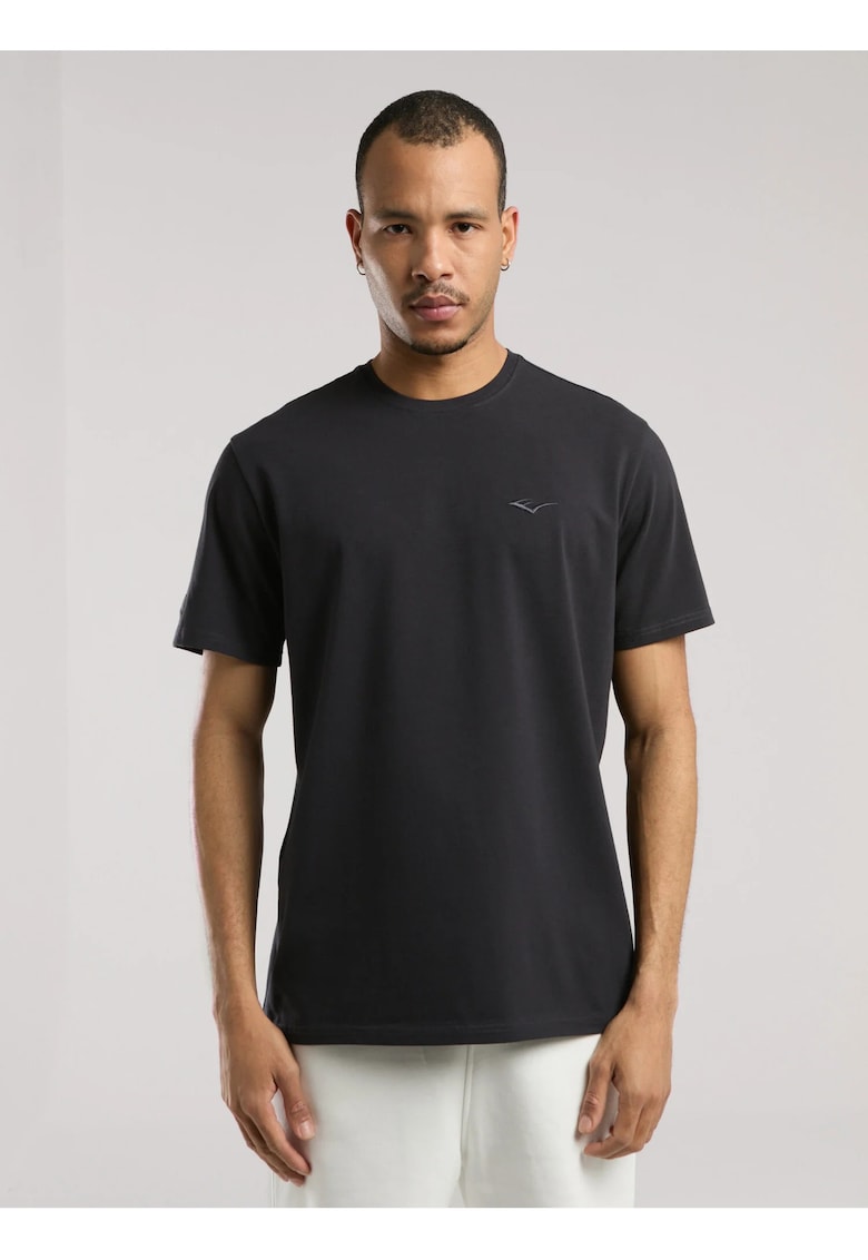 Tricou din amestec de bumbac cu decolteu la baza gatului si imprimeu cu logo - Gri