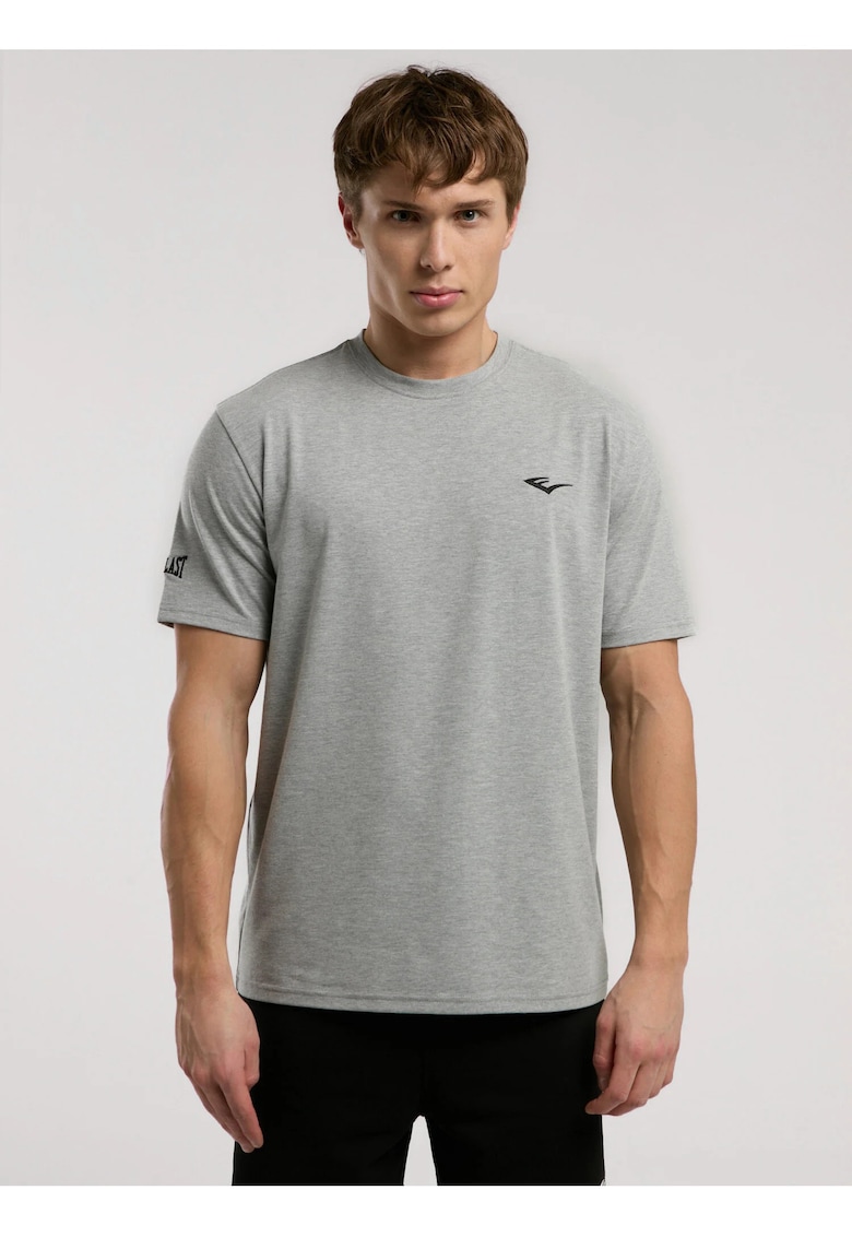 Tricou din amestec de bumbac cu decolteu la baza gatului si imprimeu cu logo - Gri melange