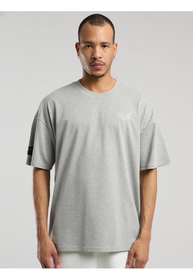 Tricou din amestec de bumbac cu decolteu la baza gatului si imprimeu cu logo - Gri melange