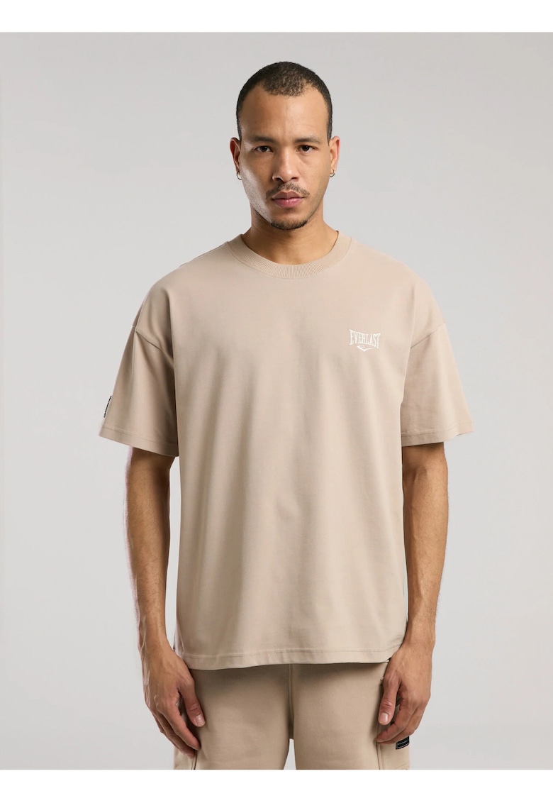 Tricou din amestec de bumbac cu decolteu la baza gatului si imprimeu cu logo - Bej