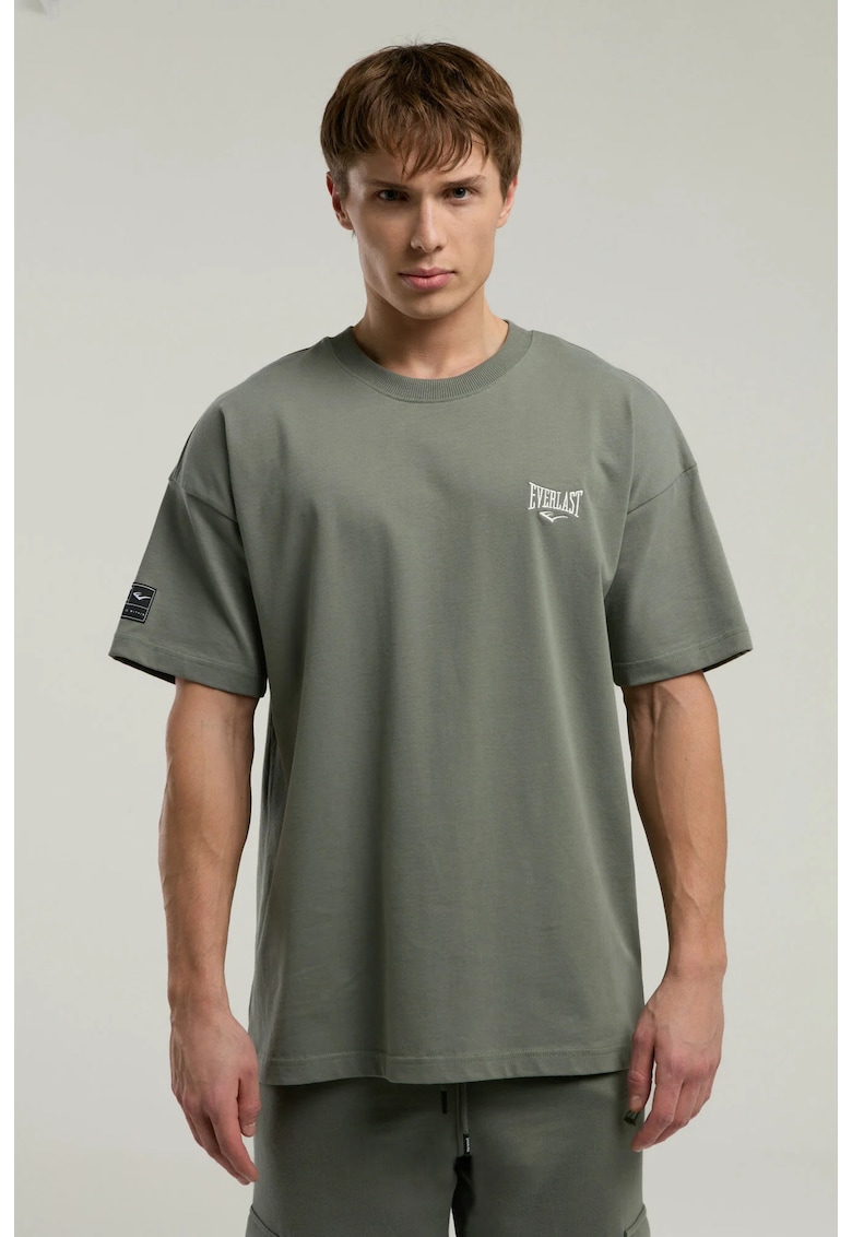 Tricou din amestec de bumbac cu decolteu la baza gatului si imprimeu cu logo - Kaki