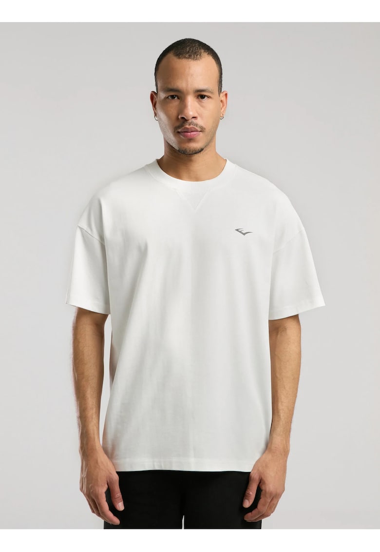 Tricou din amestec de bumbac cu decolteu la baza gatului si imprimeu cu logo - Alb