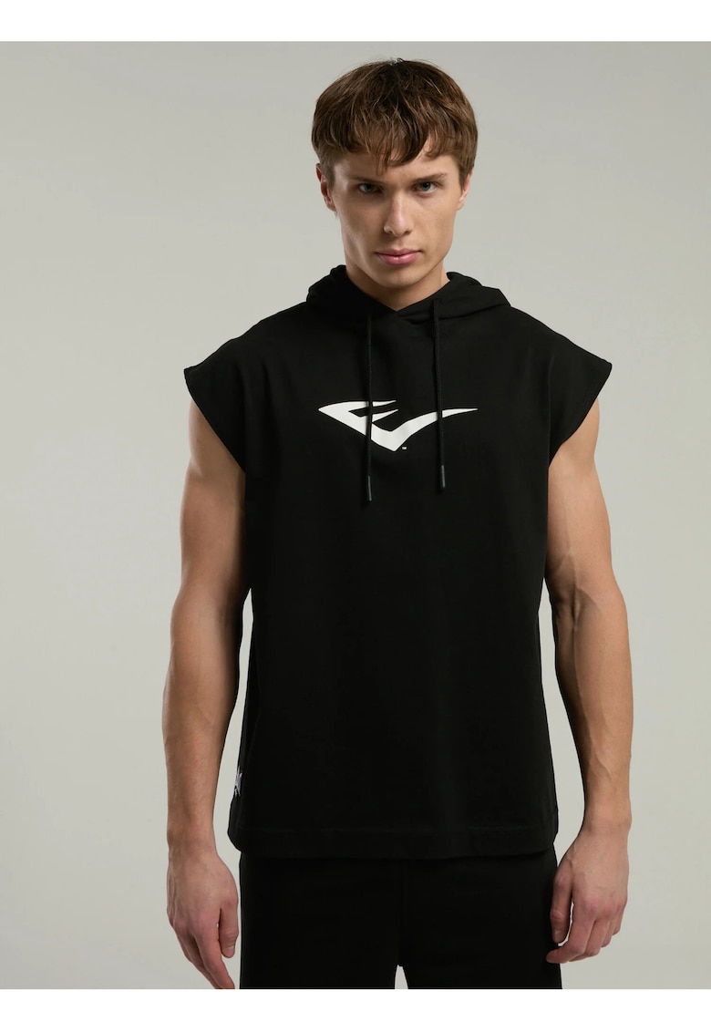 Tricou tip hanorac - fara maneci - cu gluga si imprimeu cu logo - Negru - Negru