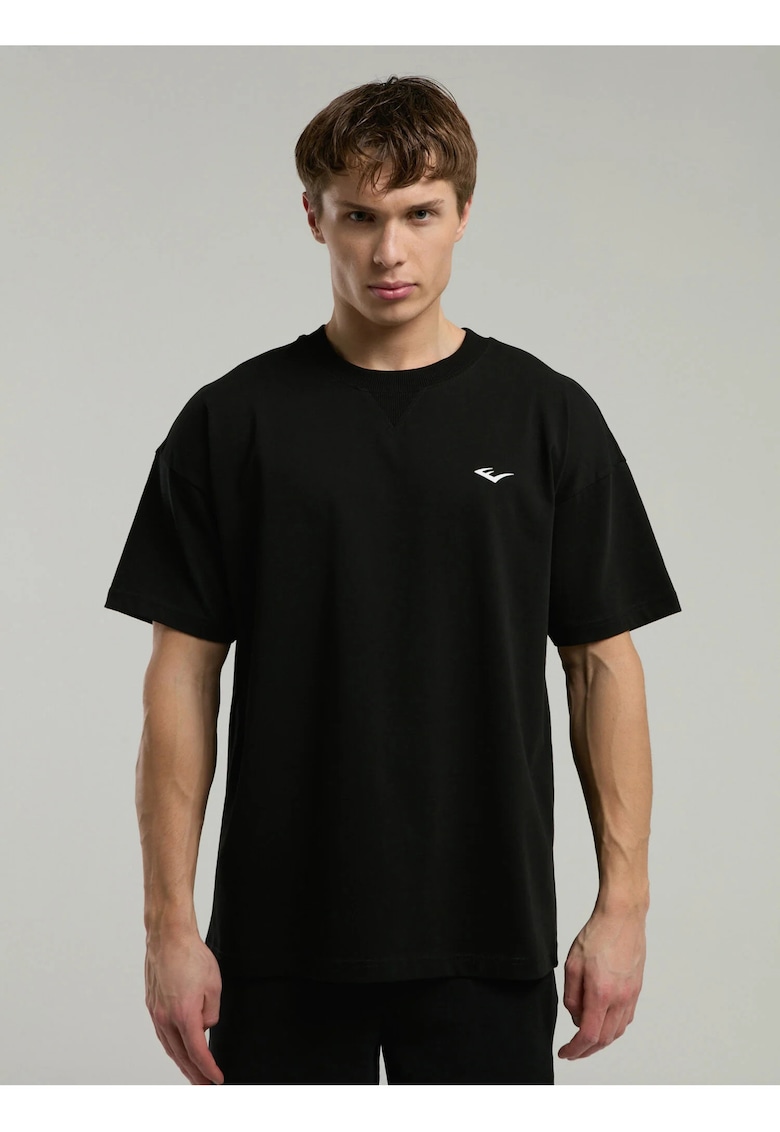 Tricou din amestec de bumbac cu decolteu la baza gatului si imprimeu cu logo - Negru