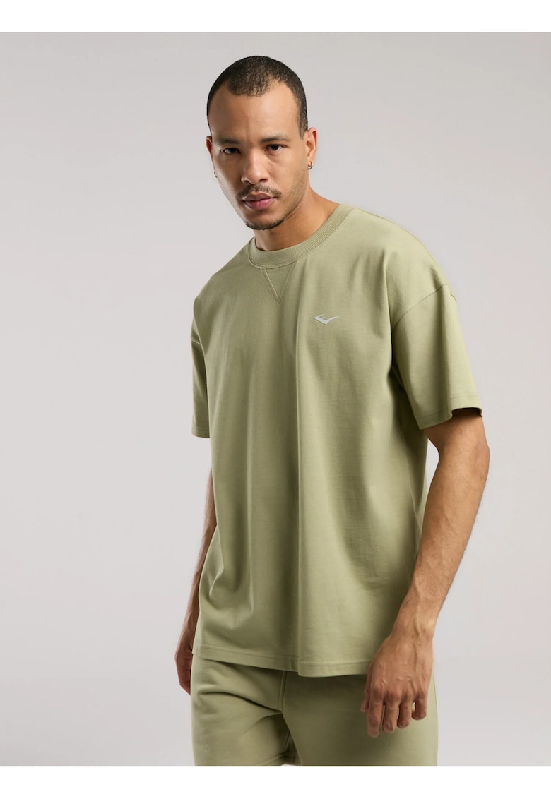 Tricou din amestec de bumbac cu decolteu la baza gatului si imprimeu cu logo - Verde deschis