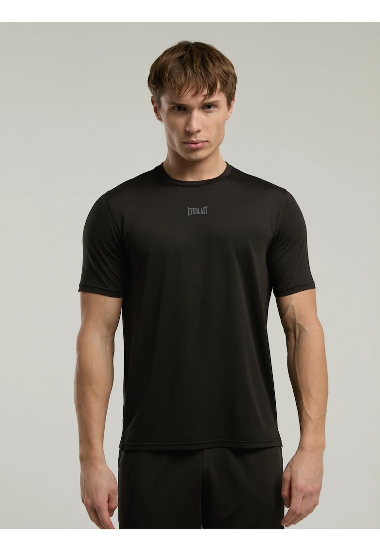 Tricou din amestec de bumbac cu decolteu la baza gatului si imprimeu cu logo - Negru - Negru