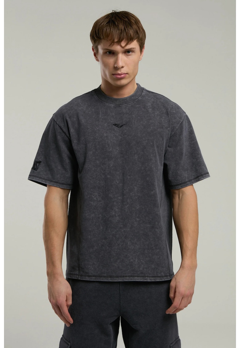 Tricou din amestec de bumbac cu decolteu la baza gatului si imprimeu cu logo - Gri cenusiu