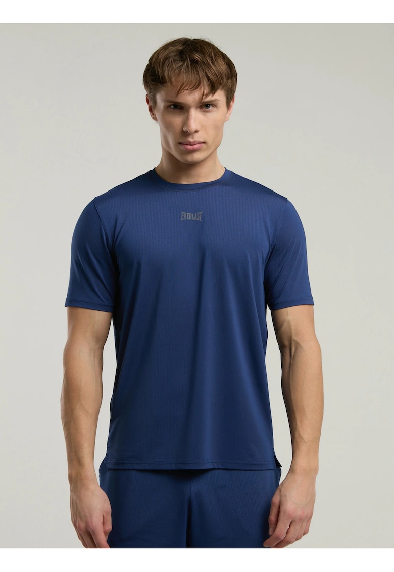 Tricou din amestec de bumbac cu decolteu la baza gatului si imprimeu cu logo - Albastru