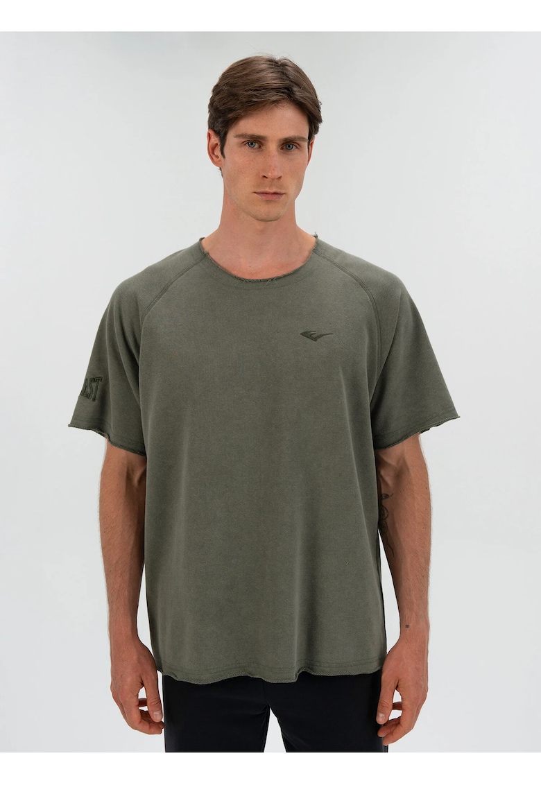 Tricou din amestec de bumbac cu decolteu la baza gatului si imprimeu cu logo - Kaki
