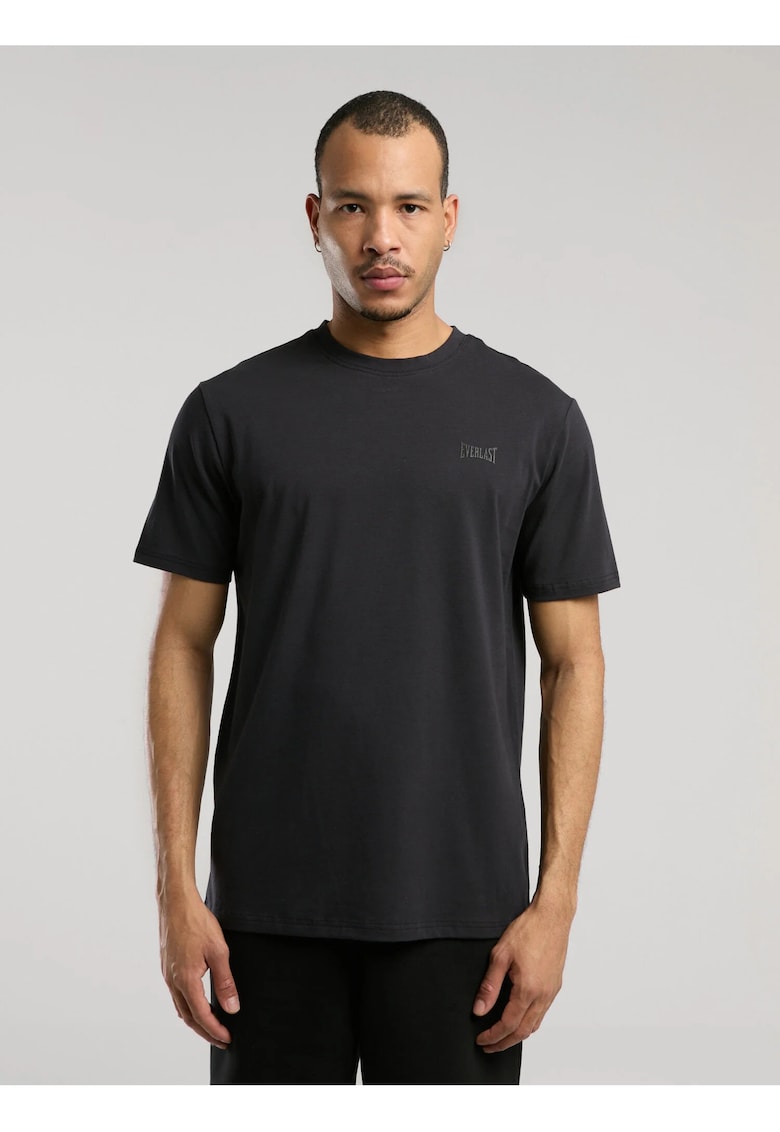 Tricou din amestec de bumbac cu decolteu la baza gatului si imprimeu cu logo - Gri antracit - Gri