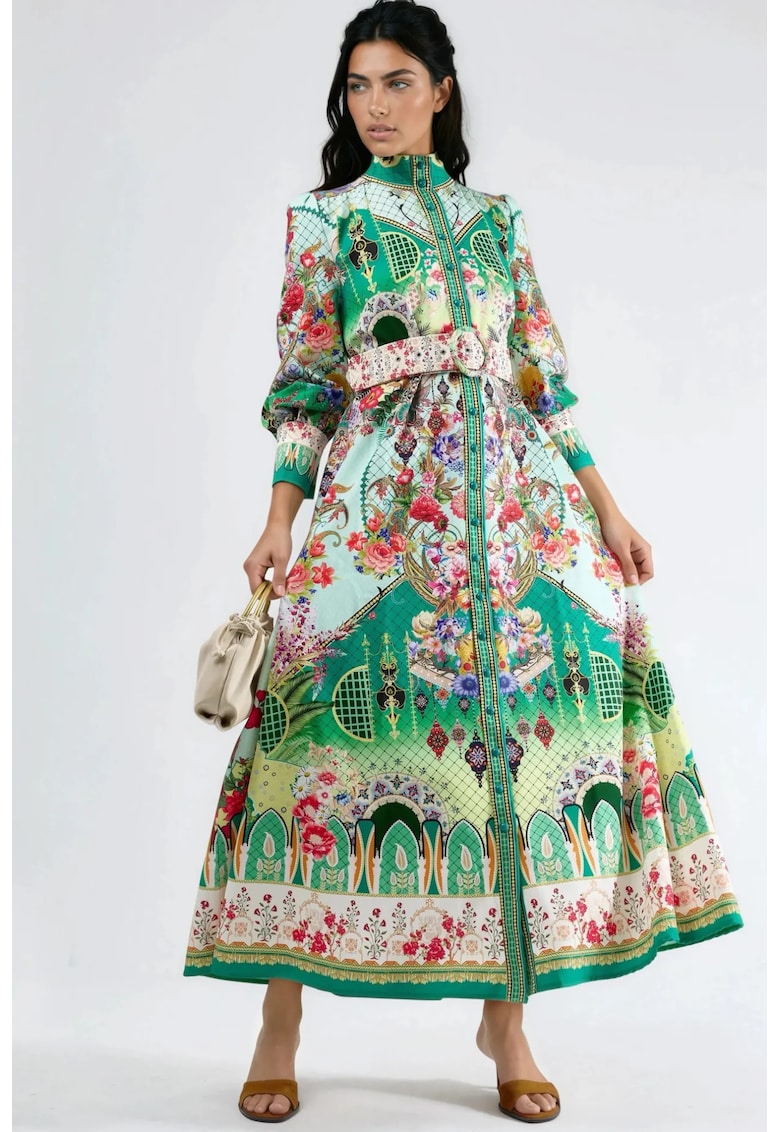 Rochie Maxi - MSN - model floral - cu Cordon - Verde - Maneci Lungi - Guler Tip Camasa
