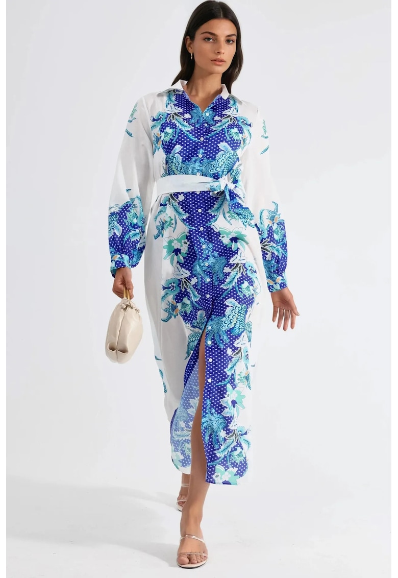 Rochie midi MSN cu imprimeu floral - maneca lunga - poliester - alb/albastru