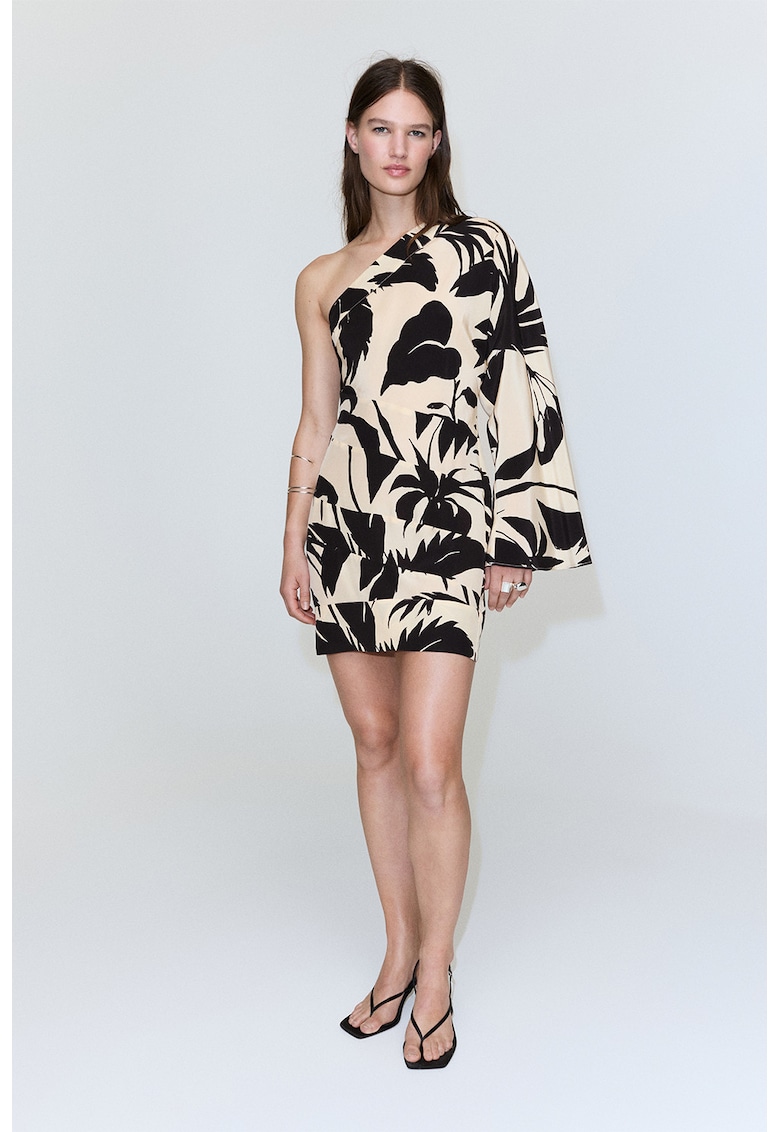 Rochie mini cu decolteu pe un umar - Negru/Bej deschis