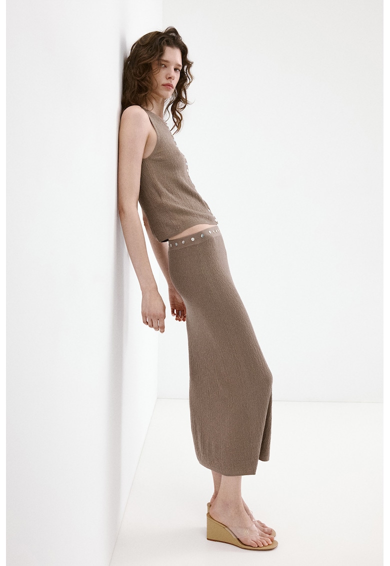 Fusta midi din tricot cu slit lateral - Maro deschis