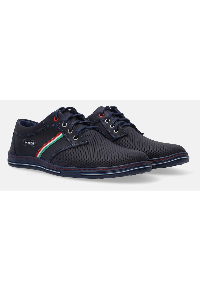 Pantofi casual din piele cu perforatii si detalii contrastante