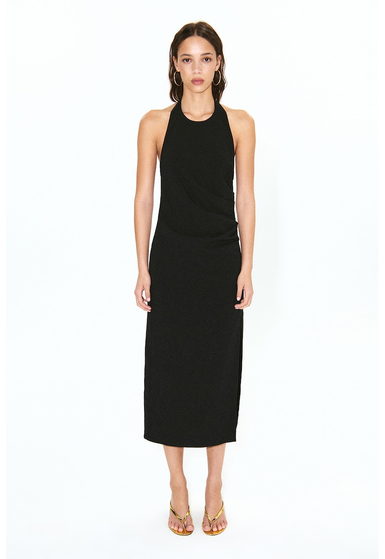 Rochie cu decolteu halter si croiala dreapta - Negru