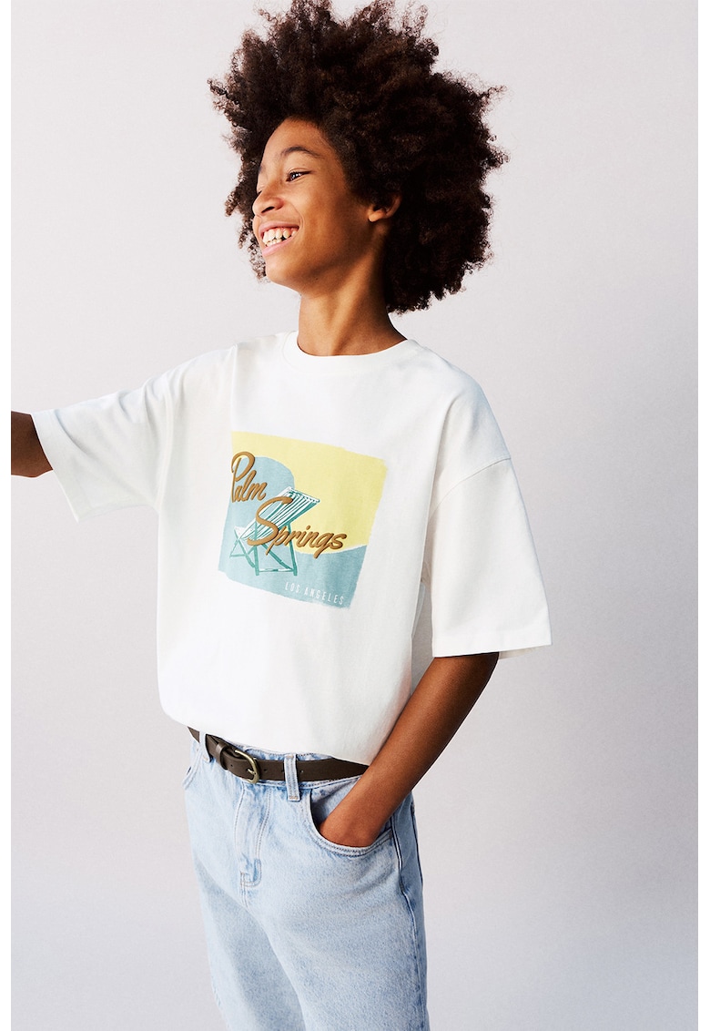 Tricou lejer cu model si maneci cazute - Alb/Galben/Turcoaz