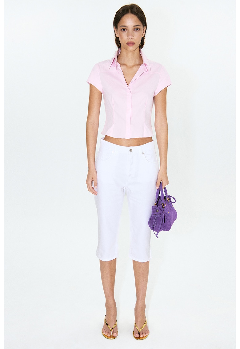 Camasa crop din amestec de bumbac - Roz pastel