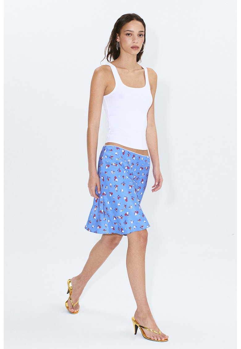 Fusta midi din satin cu model floral - Visiniu/Galben/Albastru azur